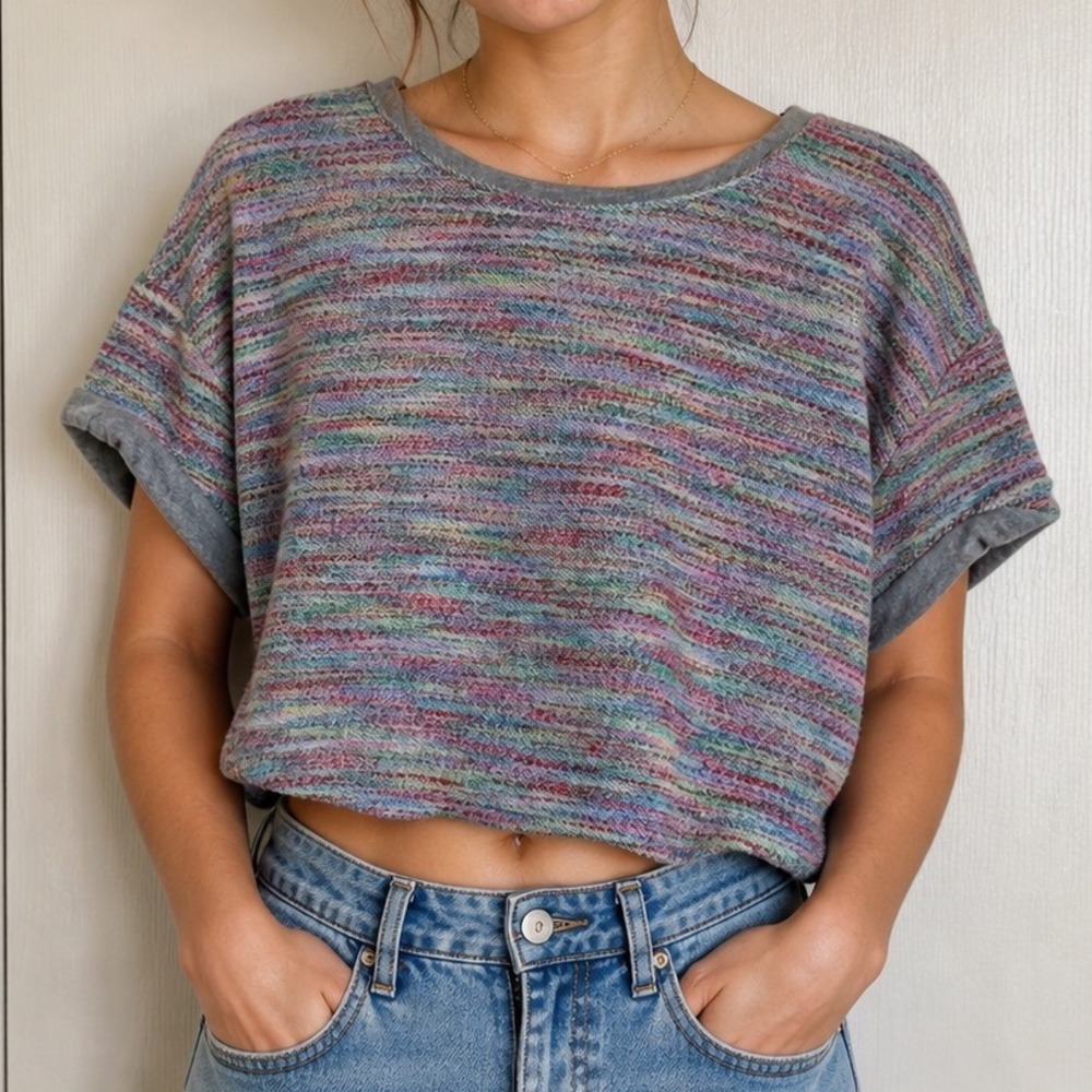 Anthropologie Saturday Sunday Space Dye Cropped Knit Top Rainbow Boho L2